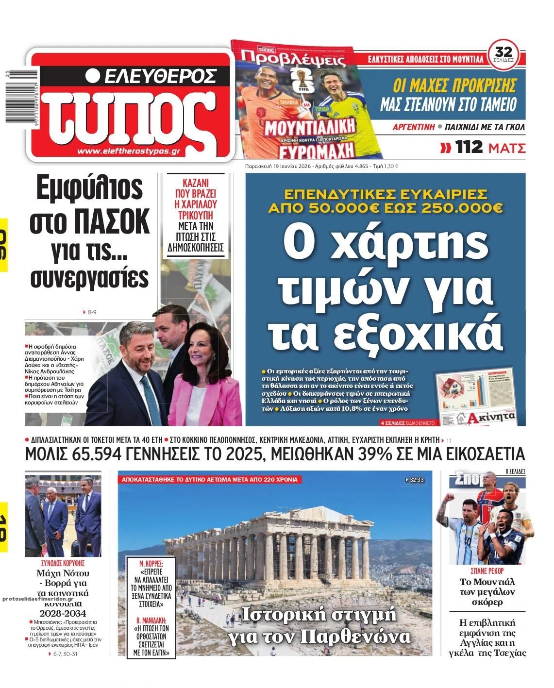 Πρωτοσέλιδο εφημερίδας Ελεύθερος Τύπος