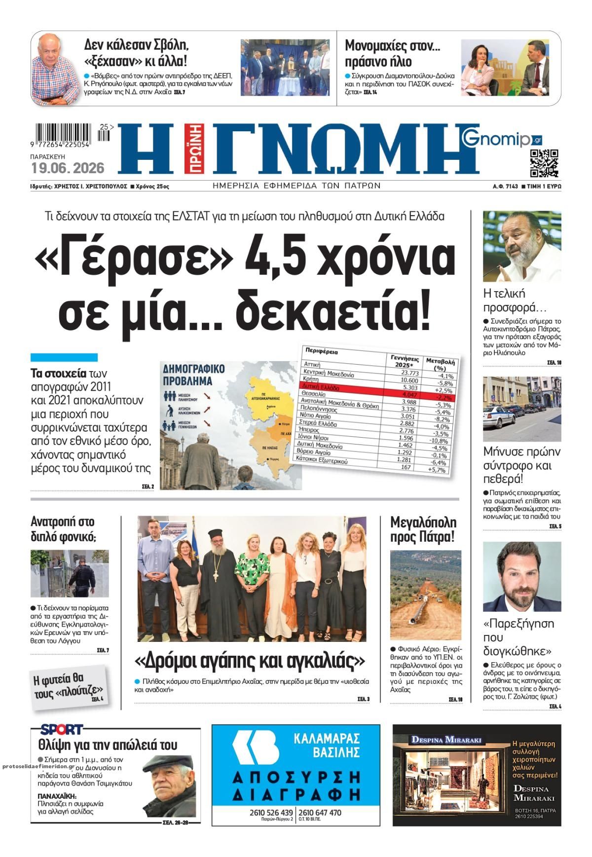 Πρωτοσέλιδο εφημερίδας Γνώμη της Πάτρας