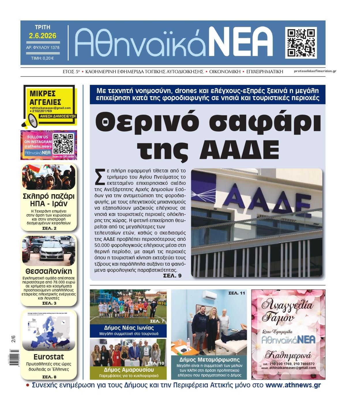 Πρωτοσέλιδο εφημερίδας Αθηναϊκά Νέα