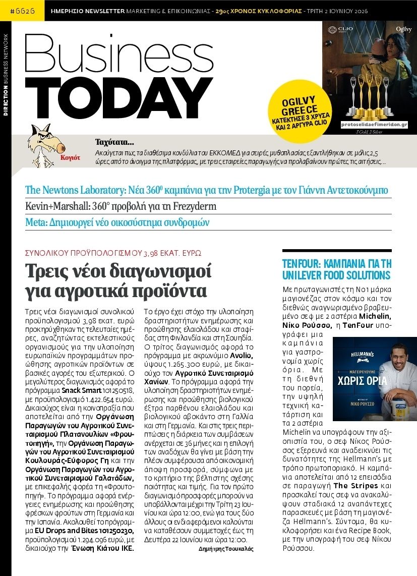 Πρωτοσέλιδο εφημερίδας Business Today
