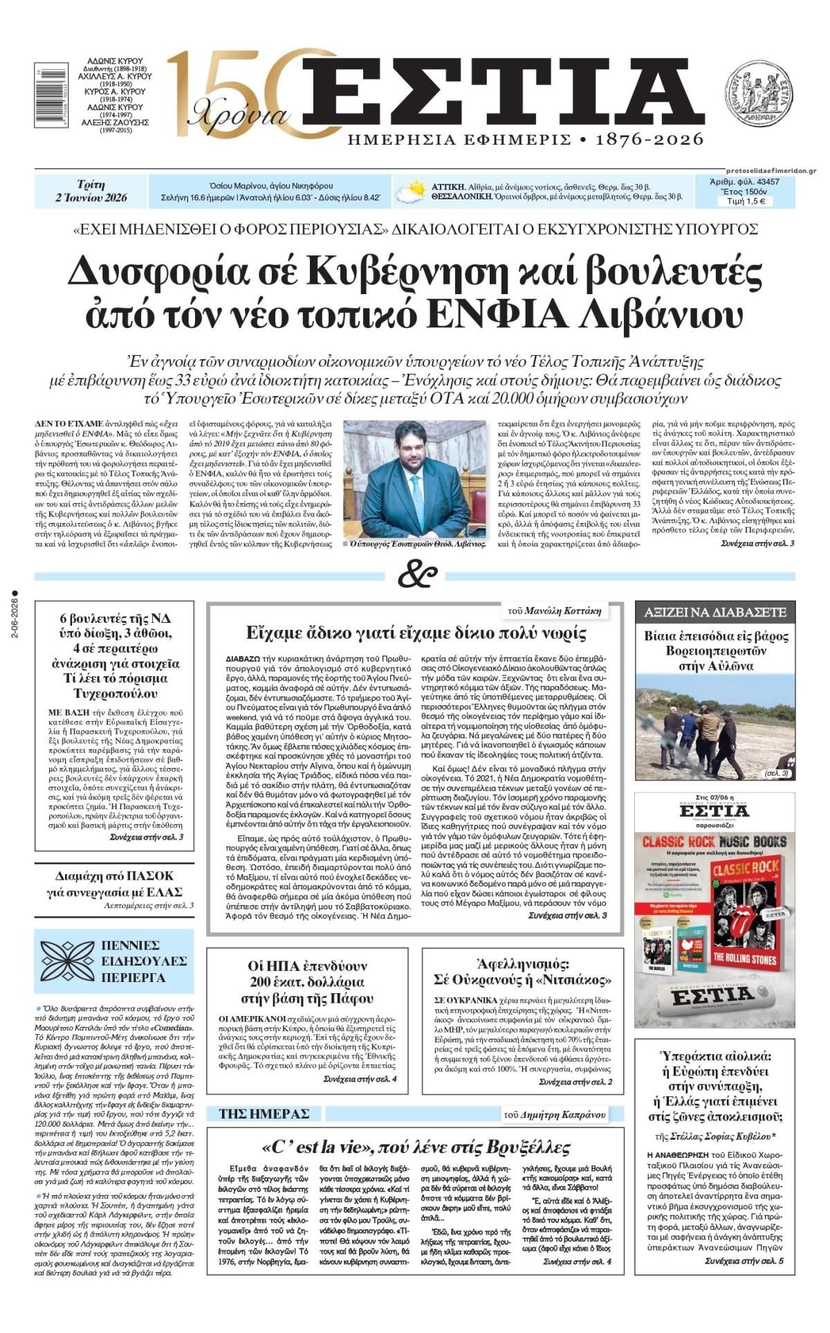 Πρωτοσέλιδο εφημερίδας Εστία