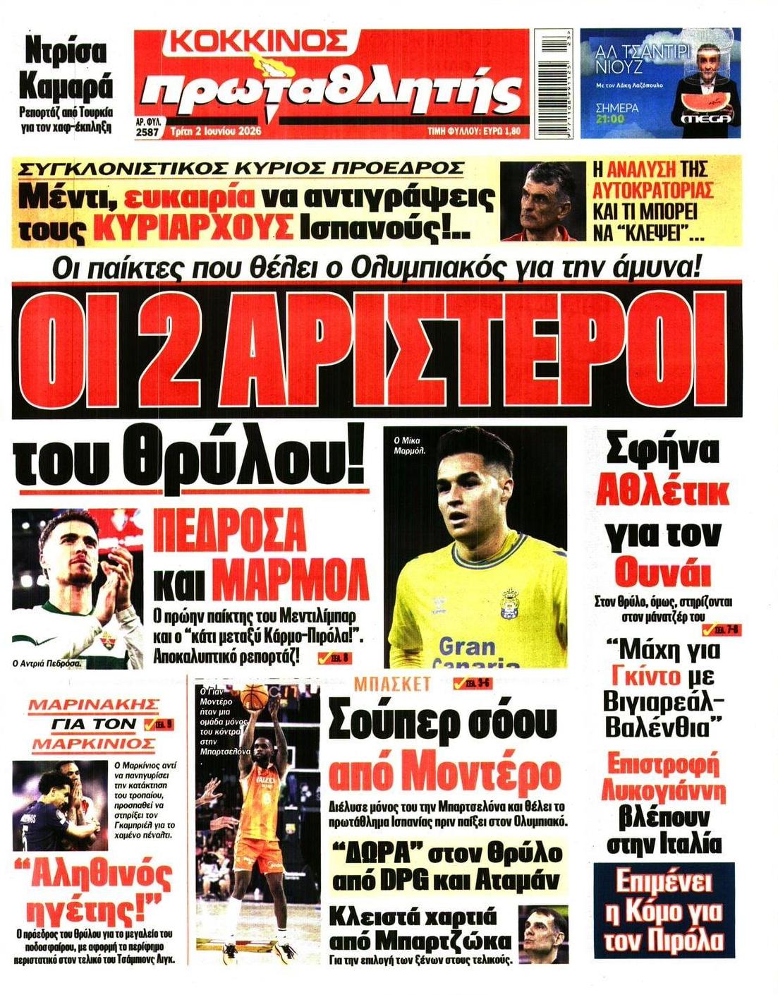 Πρωτοσέλιδο εφημερίδας Κόκκινος Πρωταθλητής