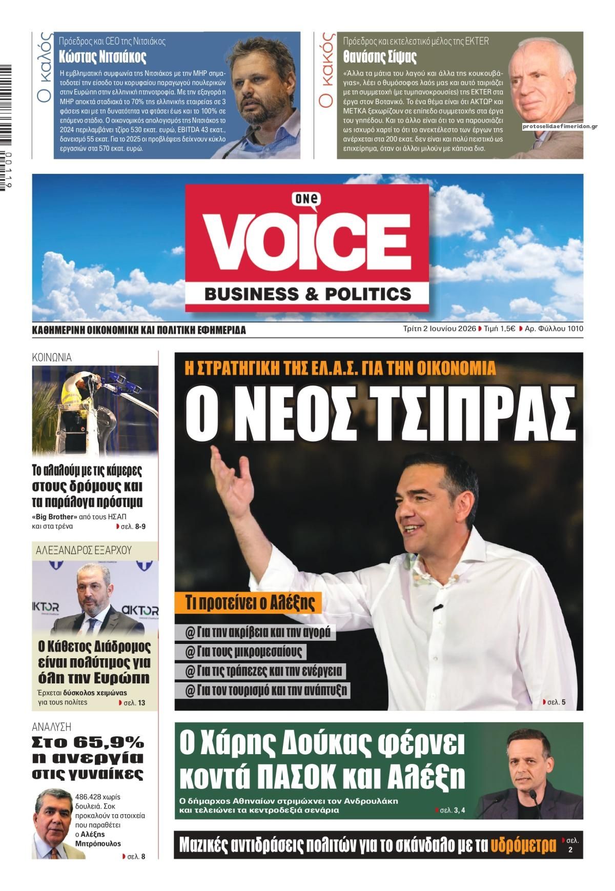 Πρωτοσέλιδο εφημερίδας Finance and Markets Voice