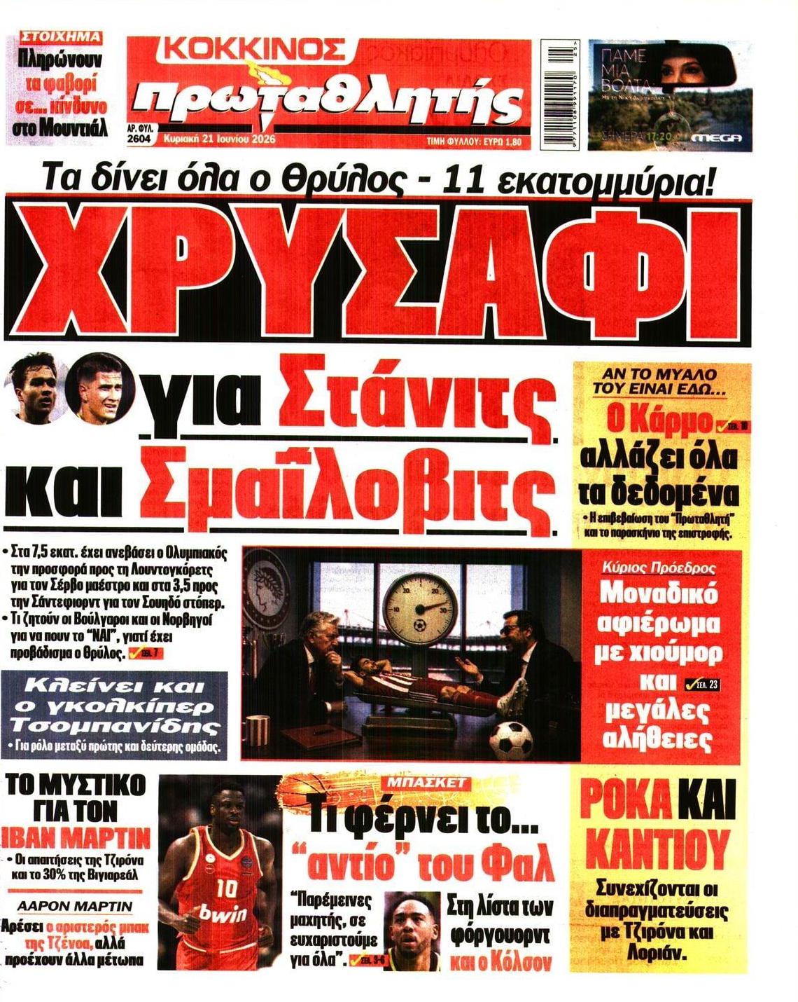 Πρωτοσέλιδο εφημερίδας Κόκκινος Πρωταθλητής