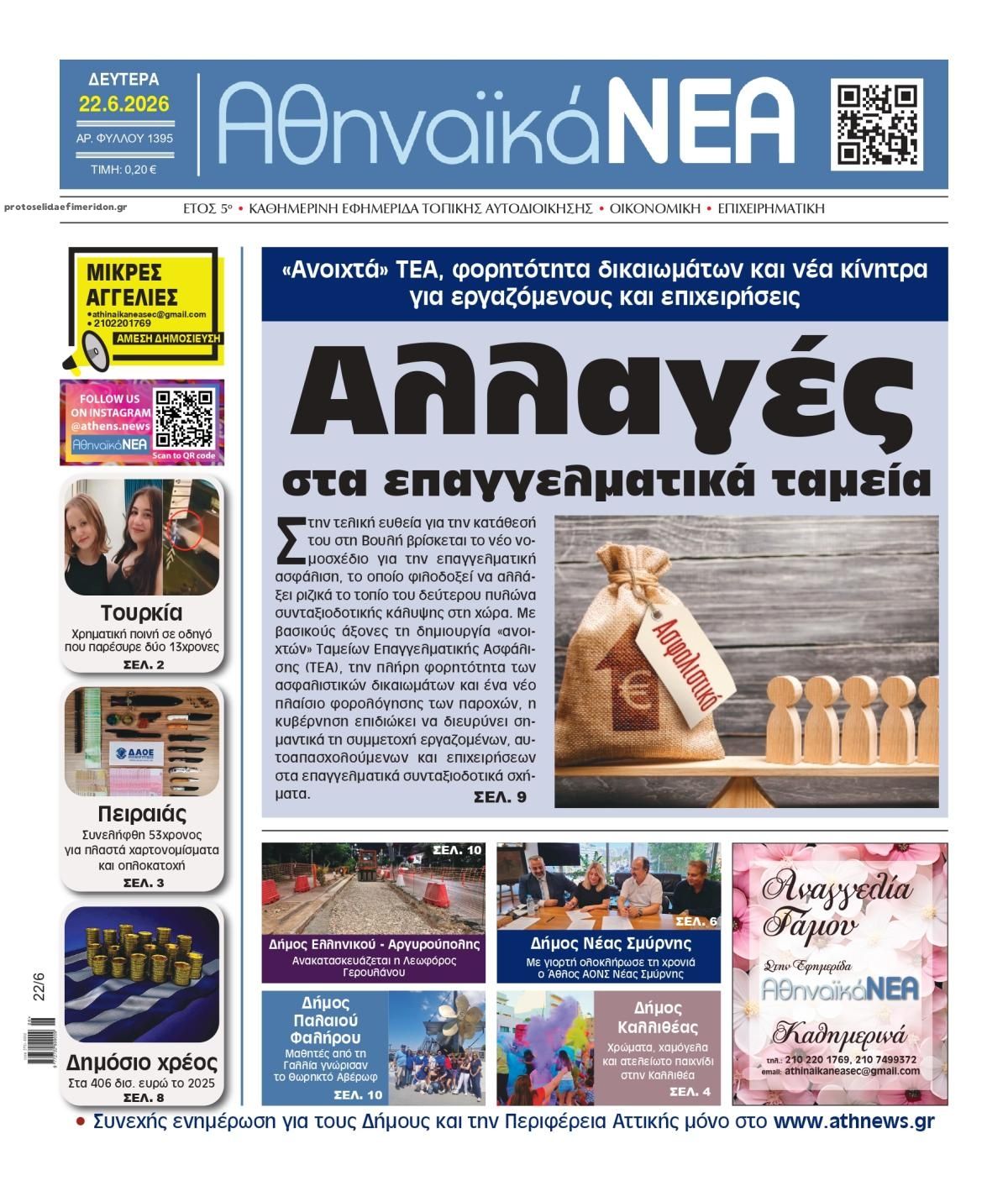 Πρωτοσέλιδο εφημερίδας Αθηναϊκά Νέα