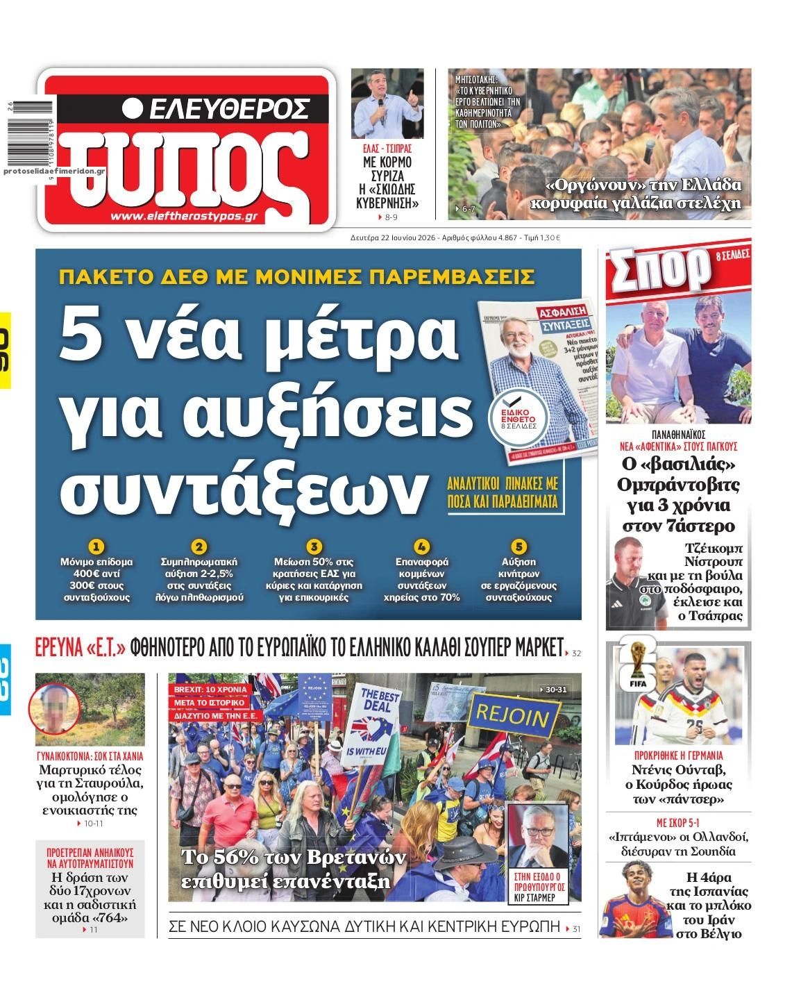 Πρωτοσέλιδο εφημερίδας Ελεύθερος Τύπος