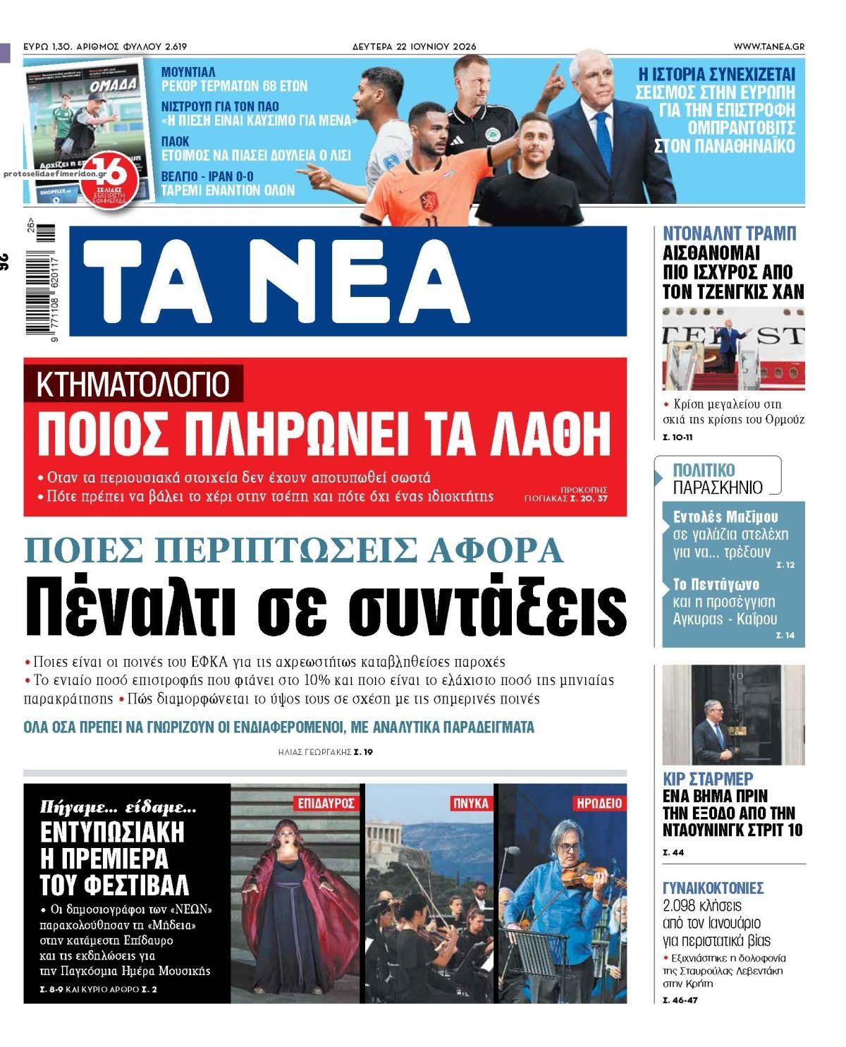 Πρωτοσέλιδο εφημερίδας Τα Νέα
