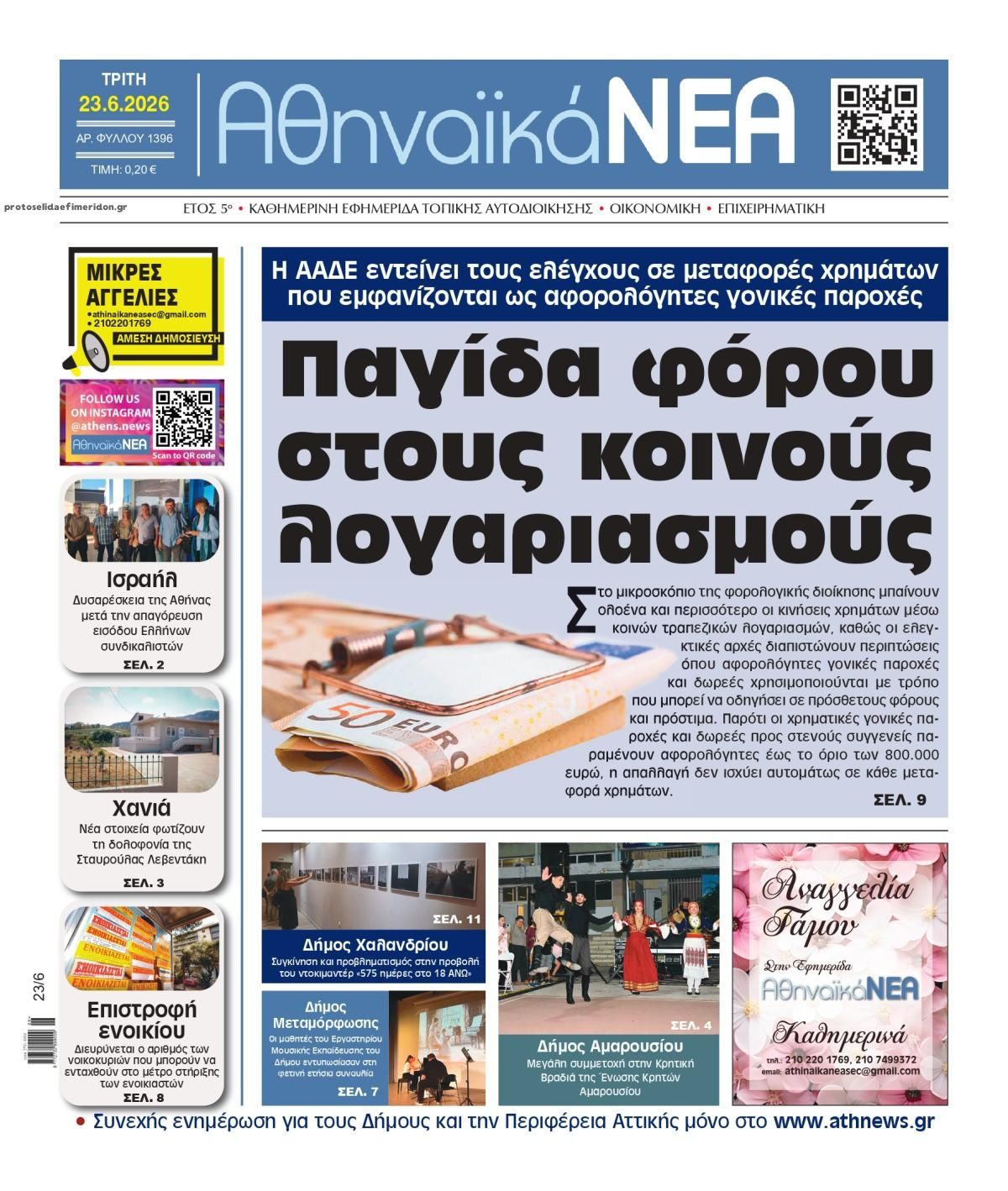 Πρωτοσέλιδο εφημερίδας Αθηναϊκά Νέα
