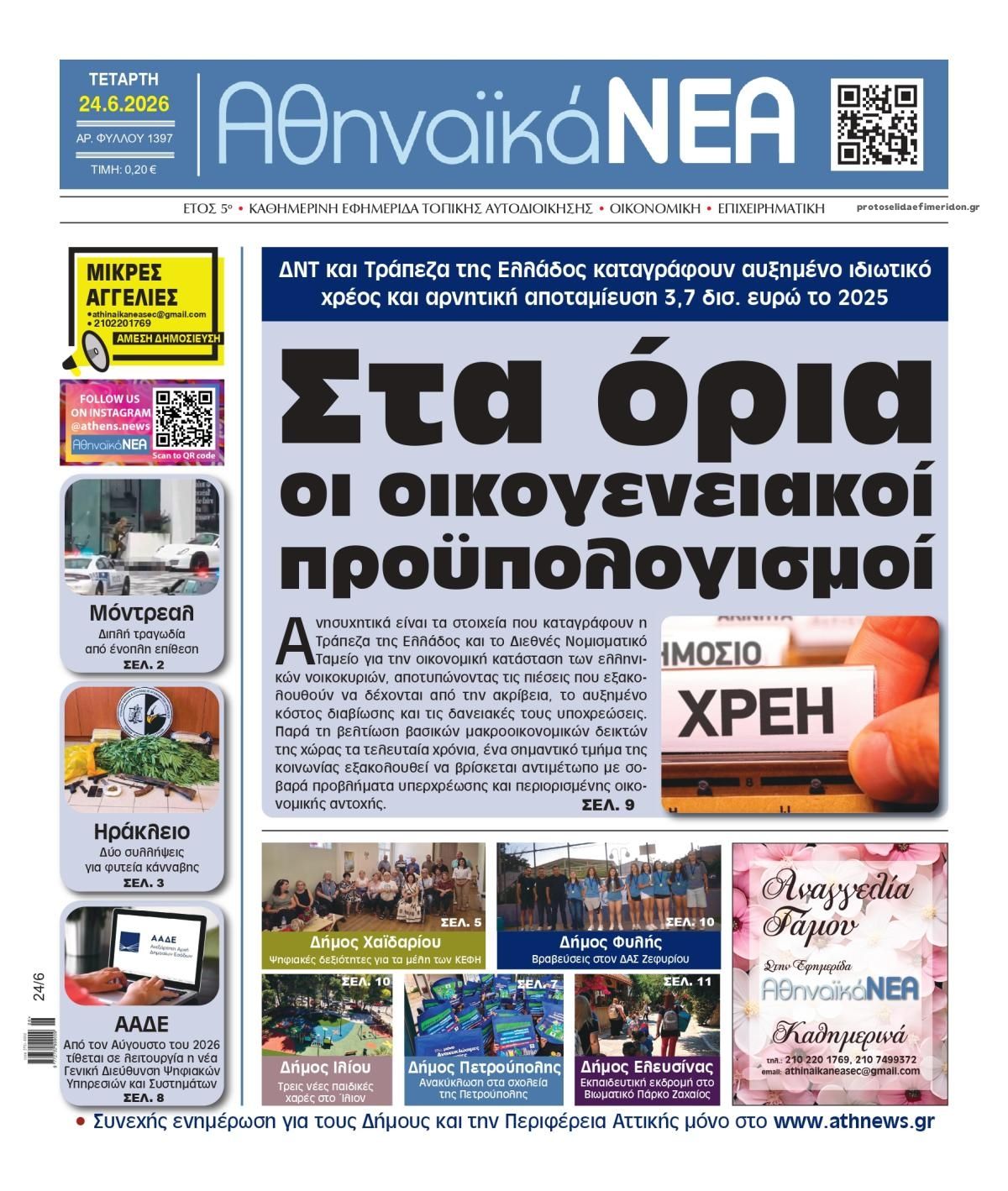 Πρωτοσέλιδο εφημερίδας Αθηναϊκά Νέα