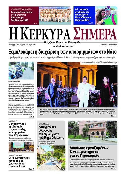 Πρωτοσέλιδο εφημερίδας Η Κέρκυρα Σήμερα