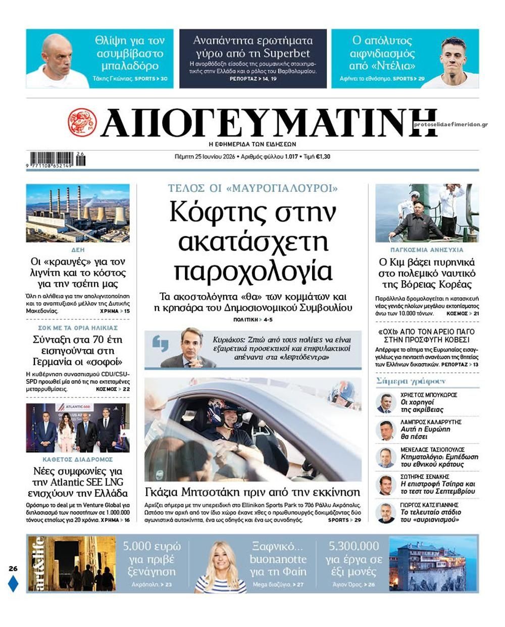 Πρωτοσέλιδο εφημερίδας Απογευματινή