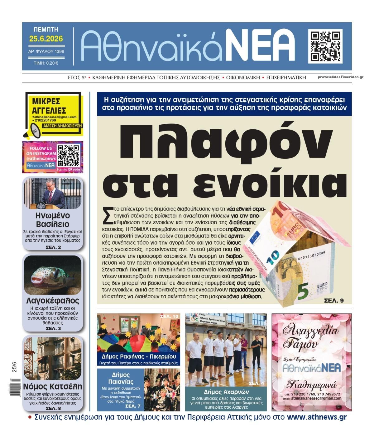 Πρωτοσέλιδο εφημερίδας Αθηναϊκά Νέα