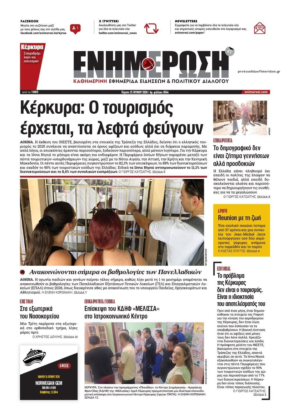 Πρωτοσέλιδο εφημερίδας Ενημέρωση Κέρκυρας