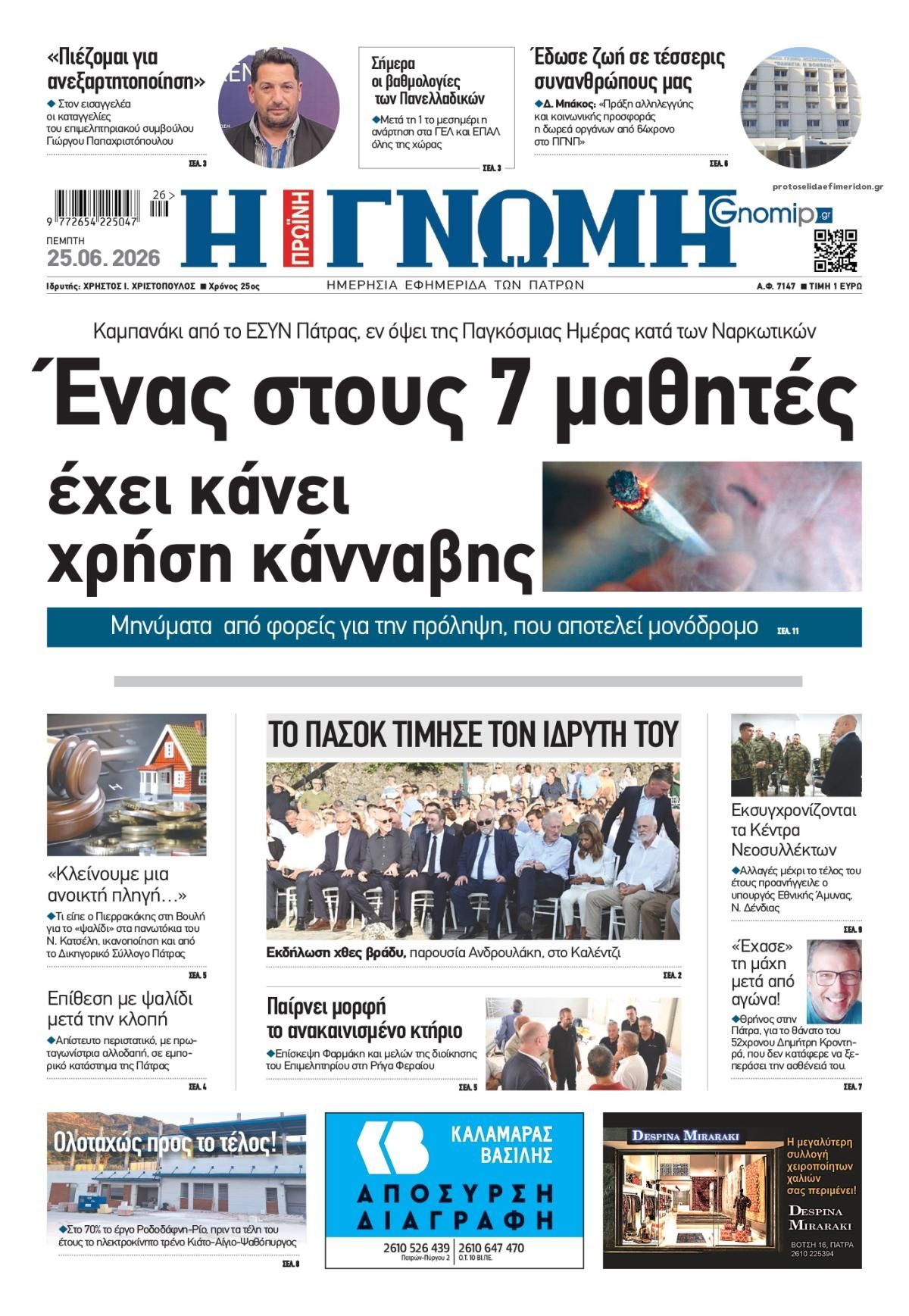 Πρωτοσέλιδο εφημερίδας Γνώμη της Πάτρας