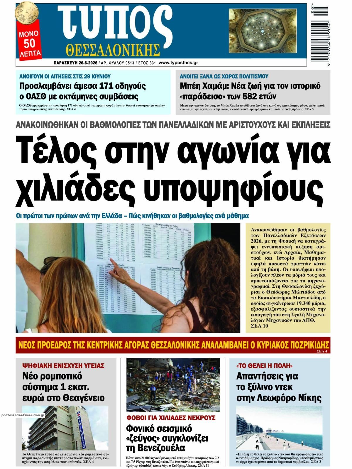 Πρωτοσέλιδο εφημερίδας Τύπος Θεσσαλονίκης
