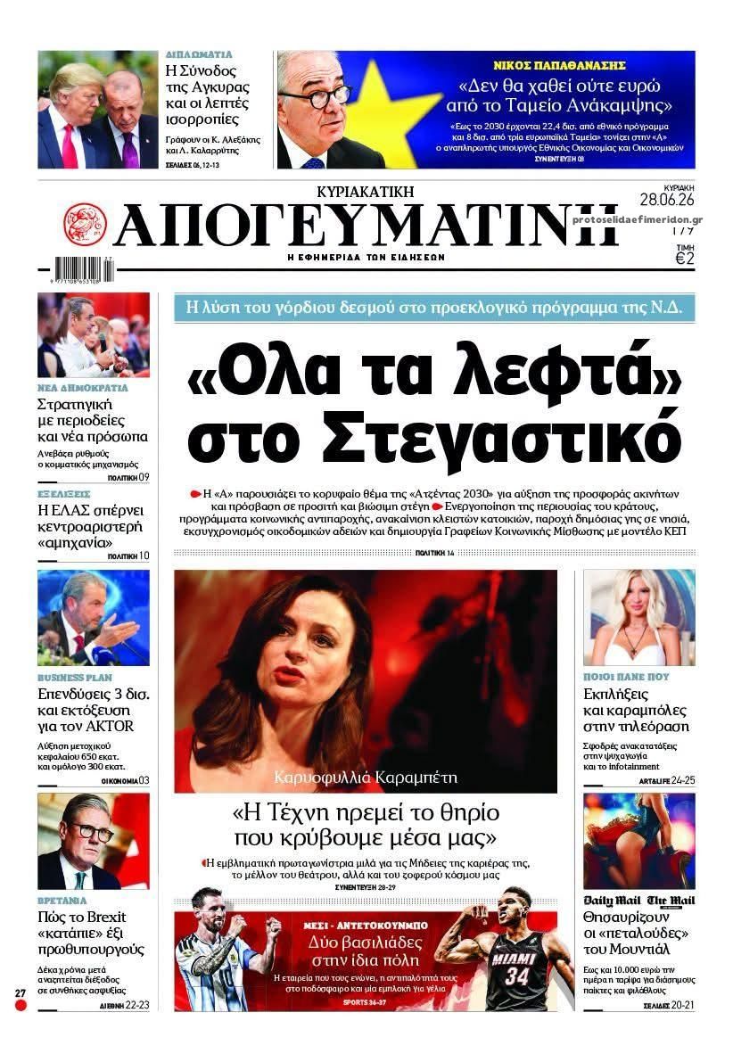 Πρωτοσέλιδο εφημερίδας Απογευματινή