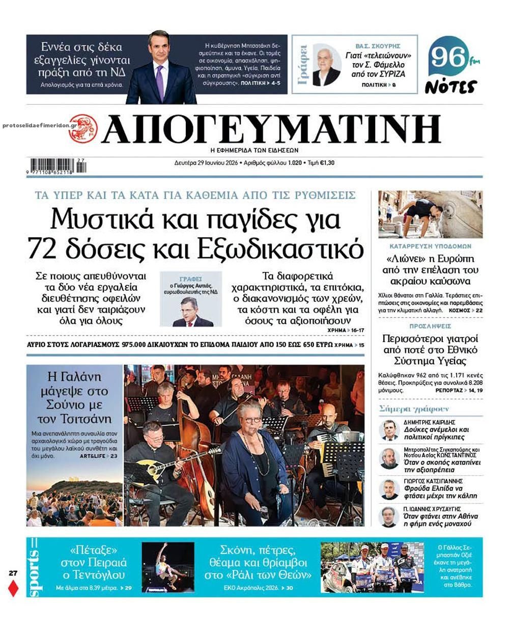 Πρωτοσέλιδο εφημερίδας Απογευματινή