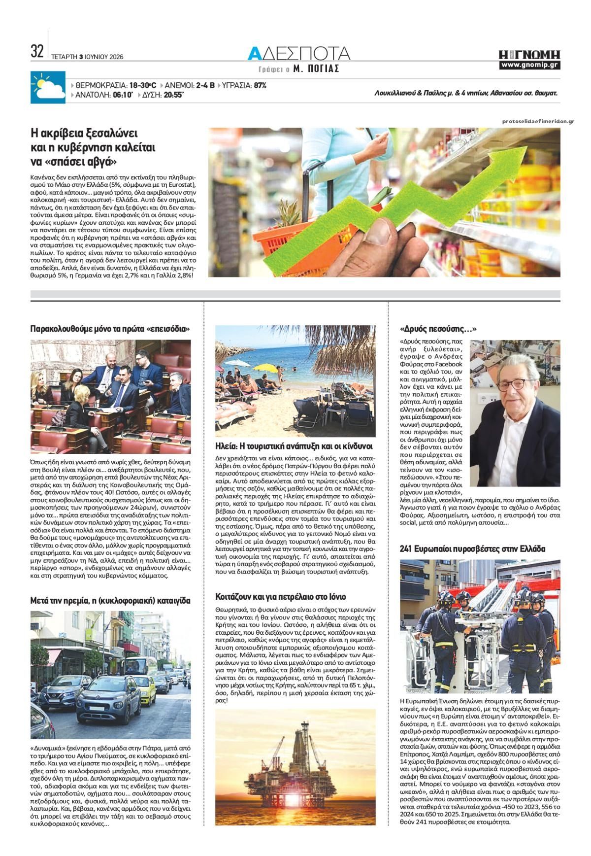 Οπισθόφυλλο εφημερίδας Γνώμη της Πάτρας