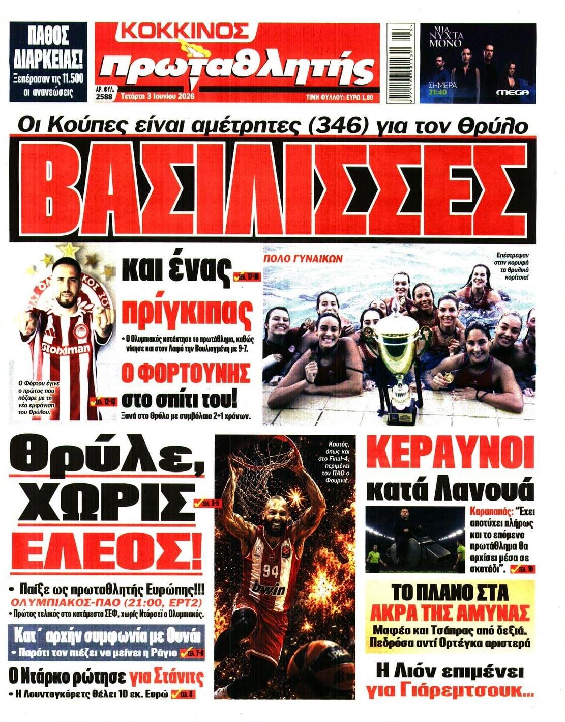 Πρωτοσέλιδο εφημερίδας Κόκκινος Πρωταθλητής