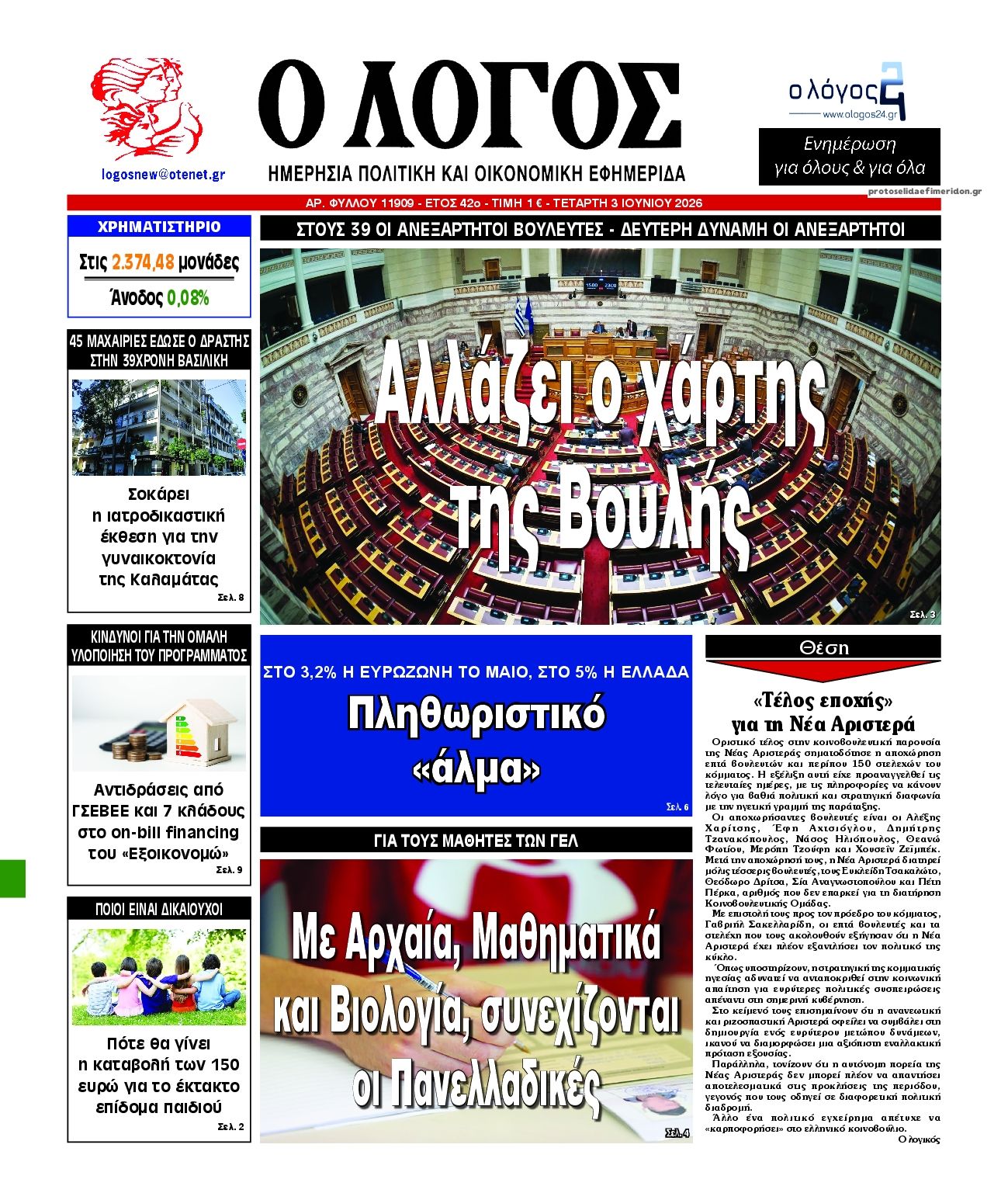 Πρωτοσέλιδο εφημερίδας Λόγος