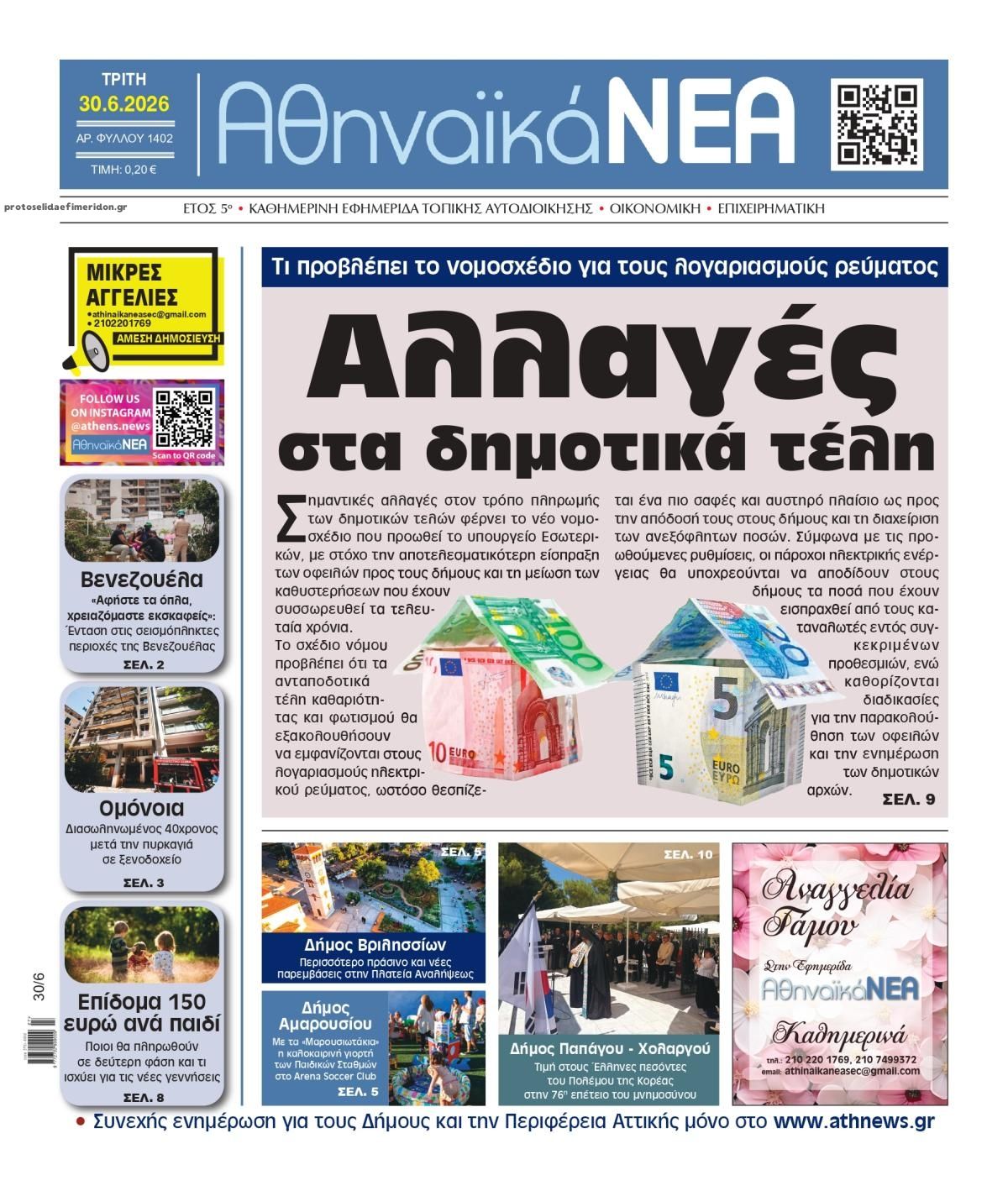 Πρωτοσέλιδο εφημερίδας Αθηναϊκά Νέα