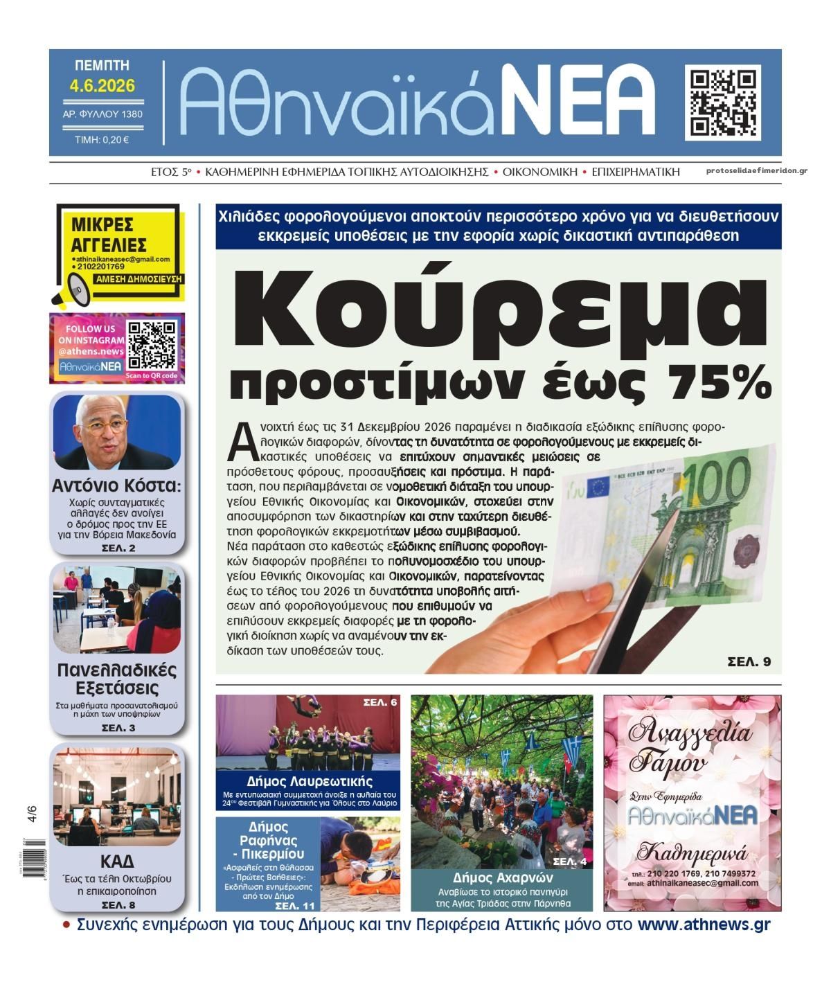 Πρωτοσέλιδο εφημερίδας Αθηναϊκά Νέα