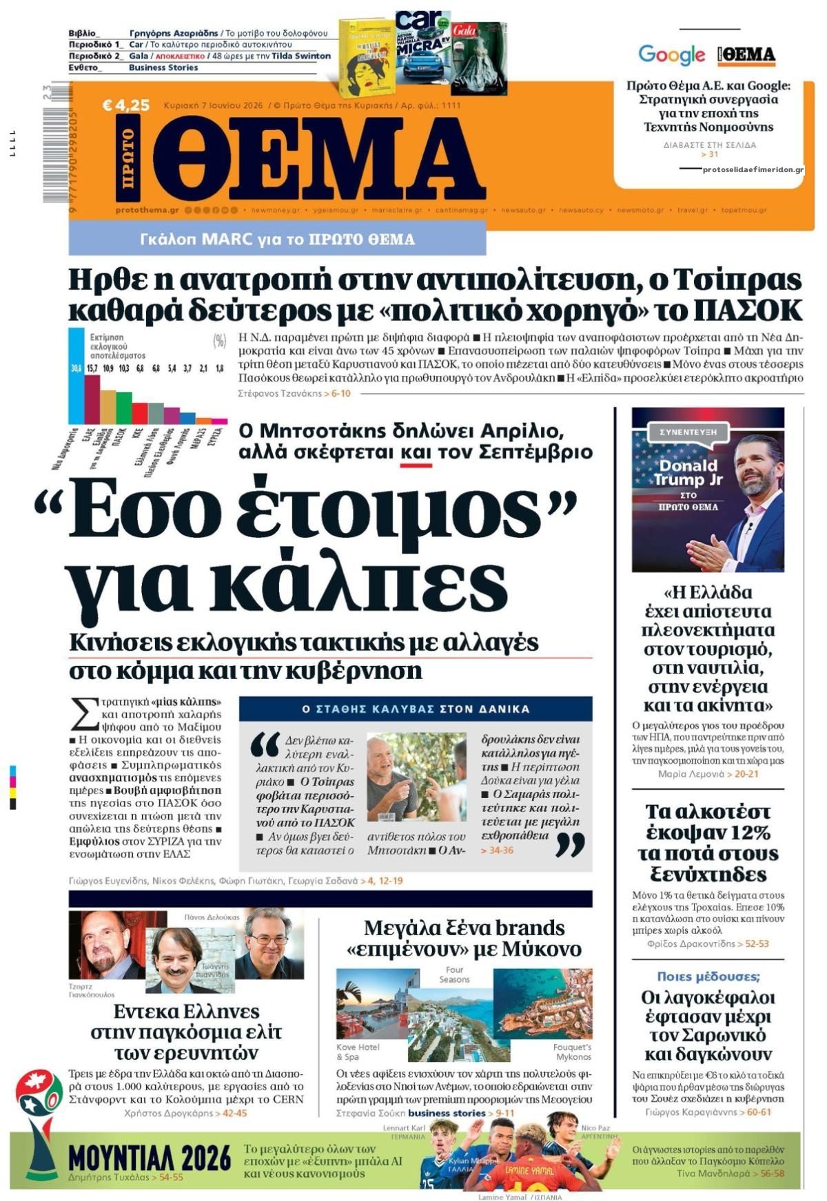 Πρωτοσέλιδο εφημερίδας Πρώτο Θέμα