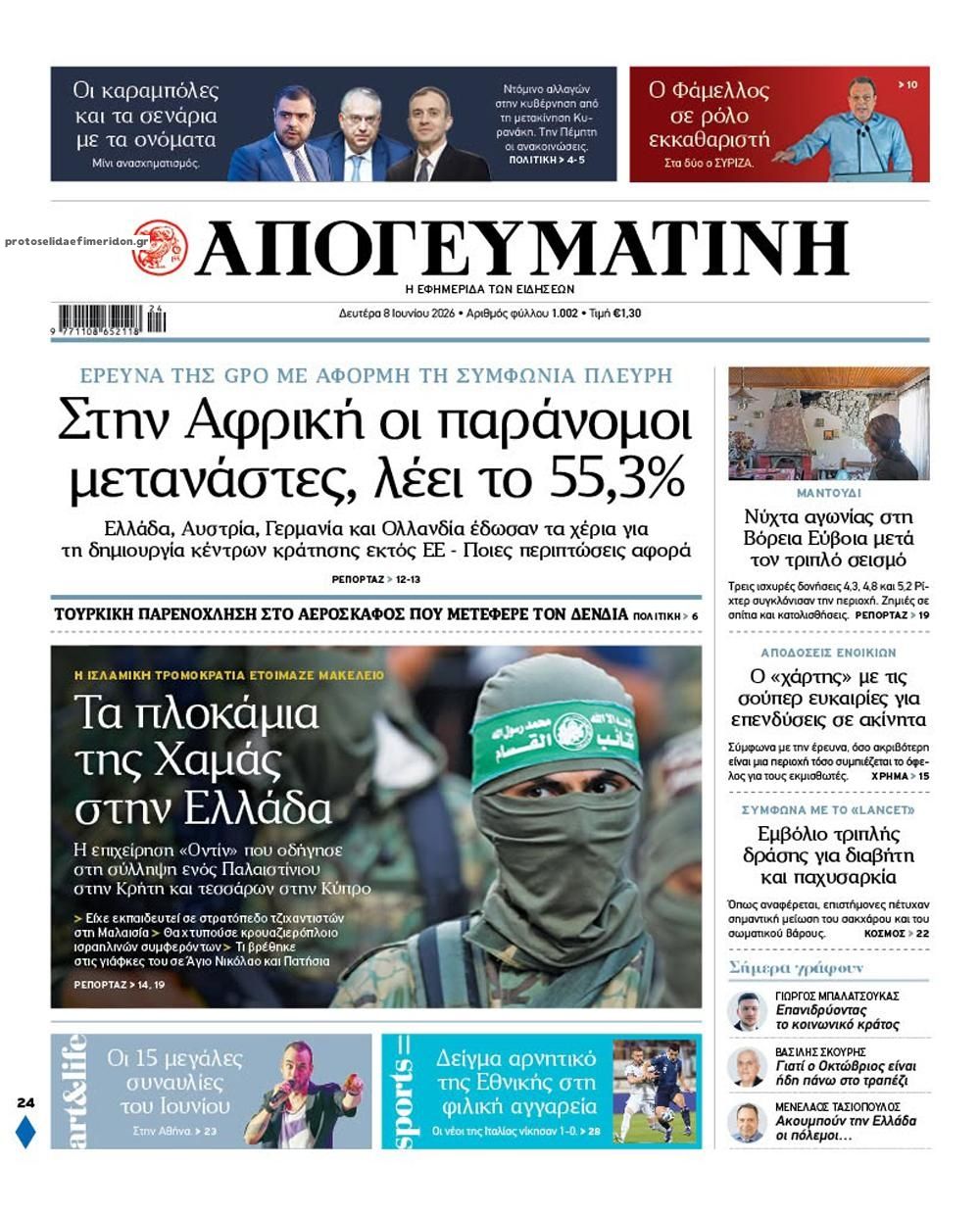 Πρωτοσέλιδο εφημερίδας Απογευματινή