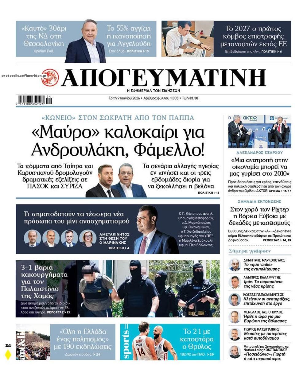 Πρωτοσέλιδο εφημερίδας Απογευματινή