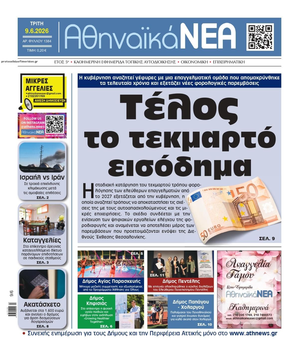 Πρωτοσέλιδο εφημερίδας Αθηναϊκά Νέα