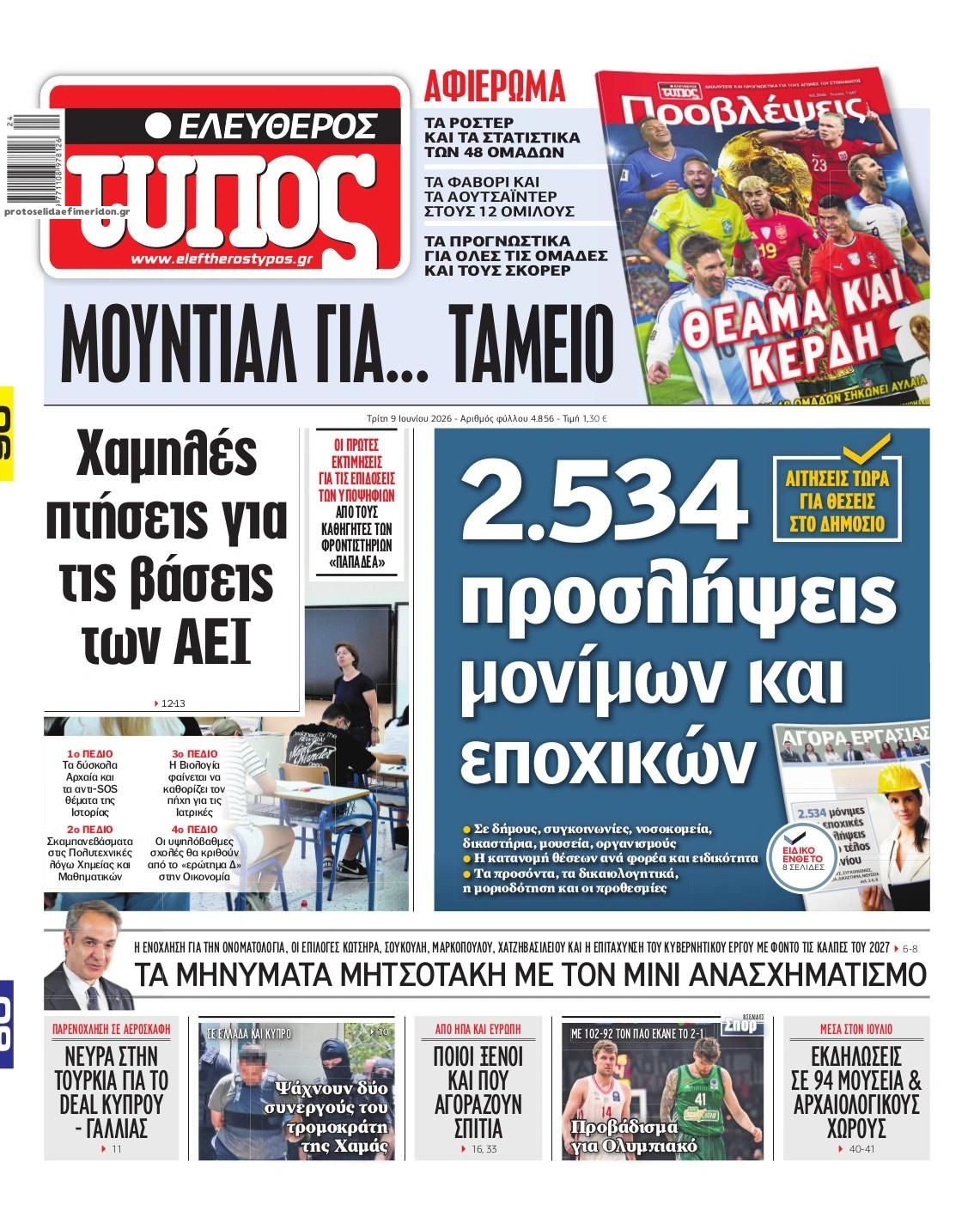 Πρωτοσέλιδο εφημερίδας Ελεύθερος Τύπος