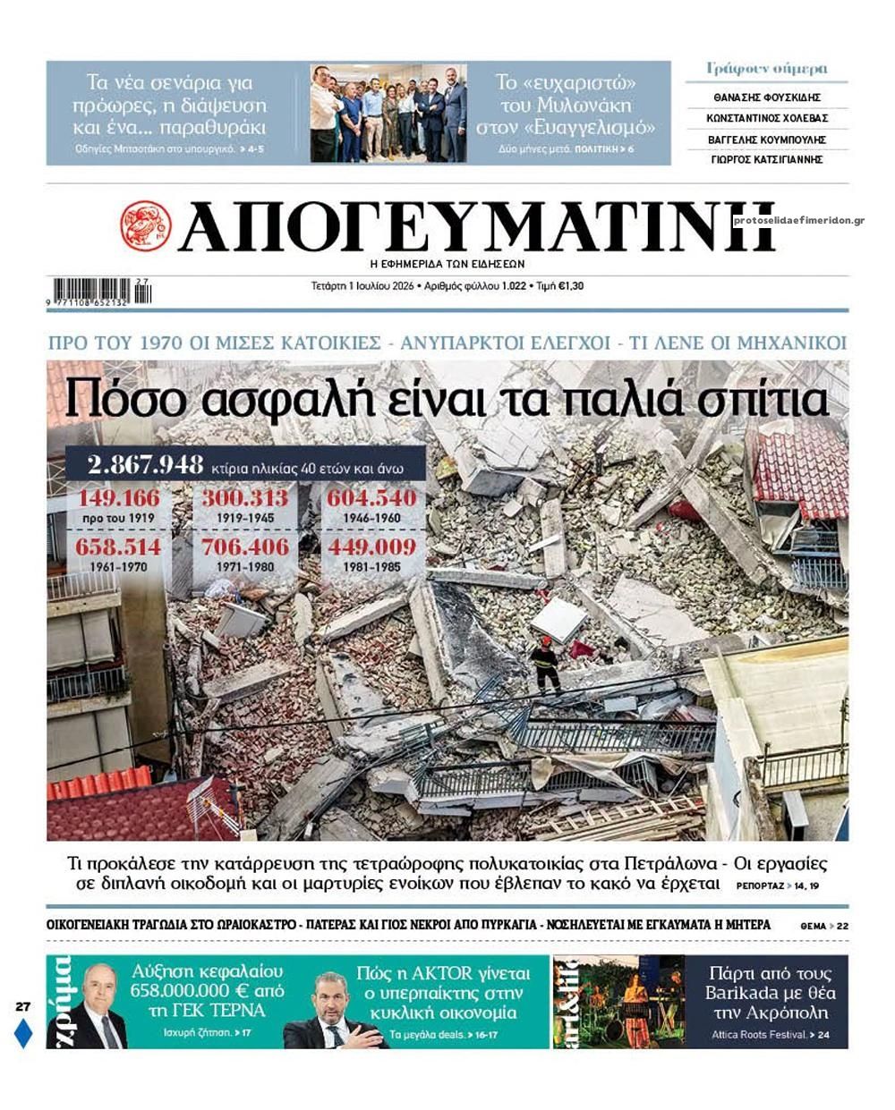 Πρωτοσέλιδο εφημερίδας Απογευματινή