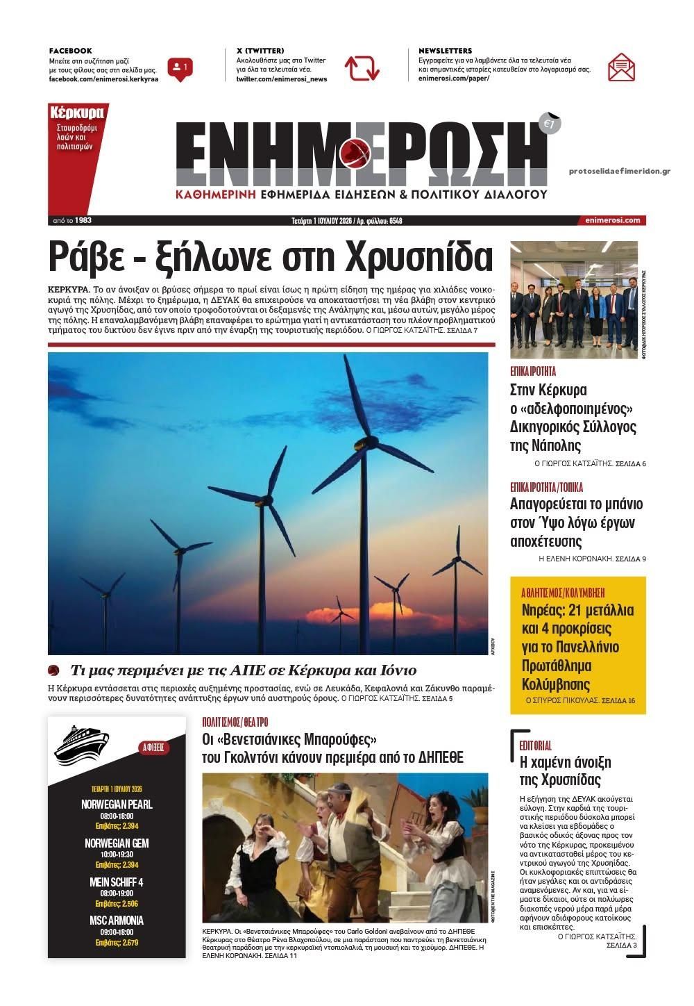 Πρωτοσέλιδο εφημερίδας Ενημέρωση Κέρκυρας