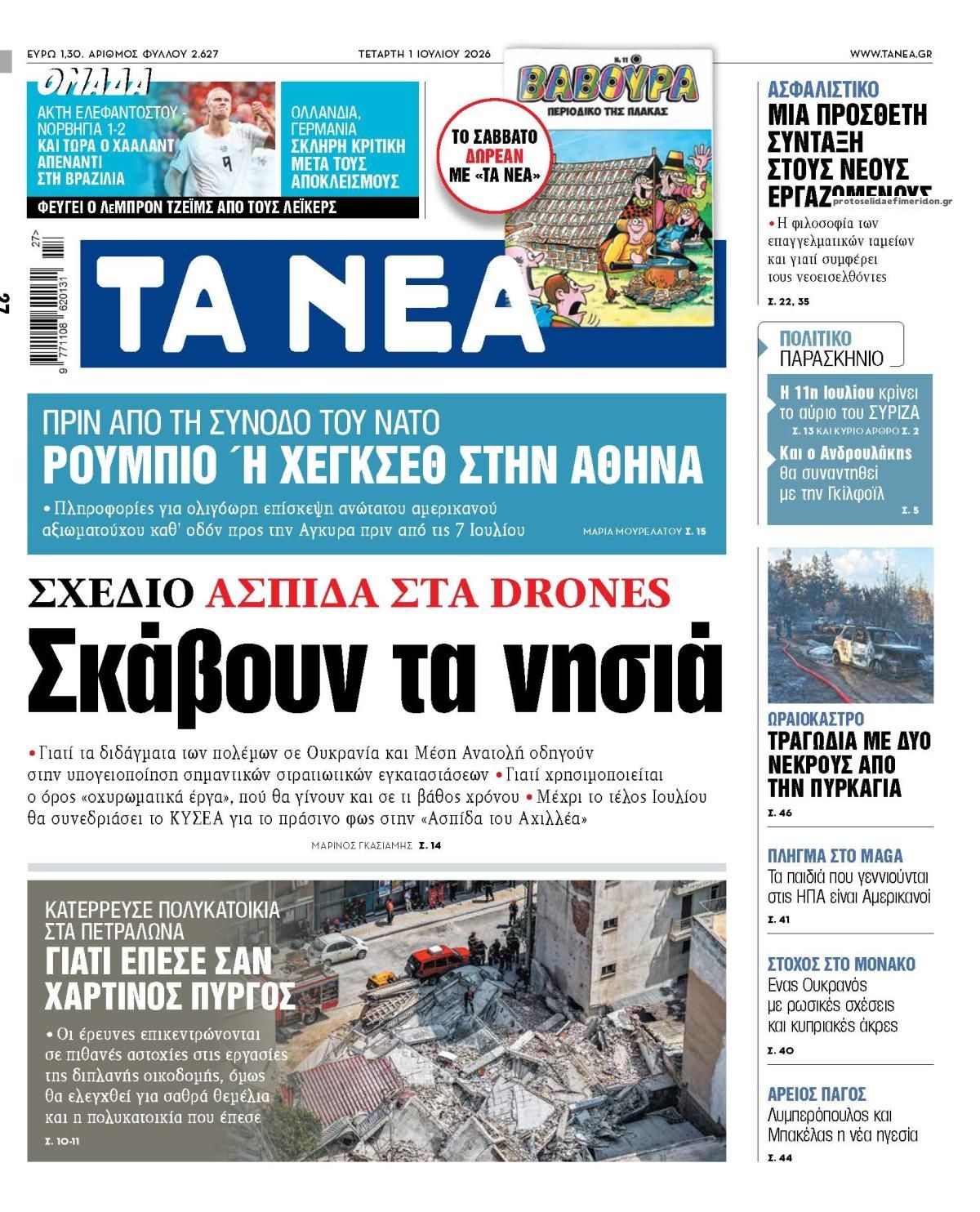Πρωτοσέλιδο εφημερίδας Τα Νέα
