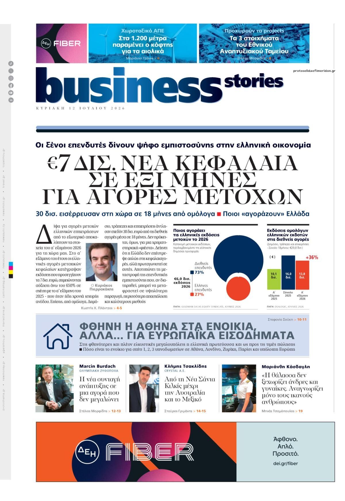 Πρωτοσέλιδο εφημερίδας ΠΡΩΤΟ ΘΕΜΑ - BUSINESS STORIES