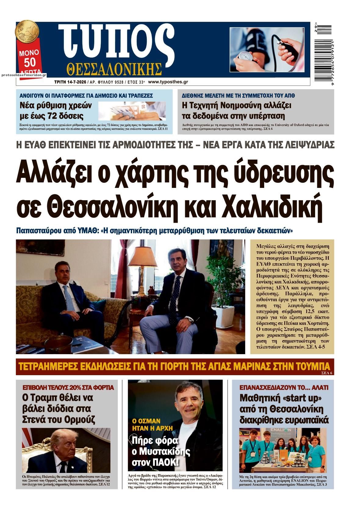 Πρωτοσέλιδο εφημερίδας Τύπος Θεσσαλονίκης