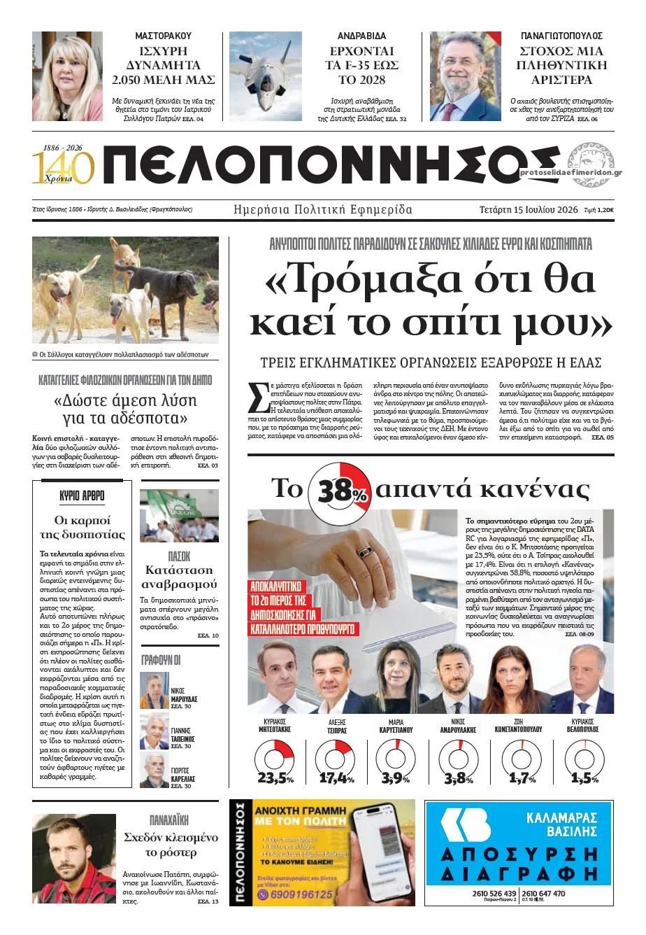 Πρωτοσέλιδο εφημερίδας Πελοπόννησος