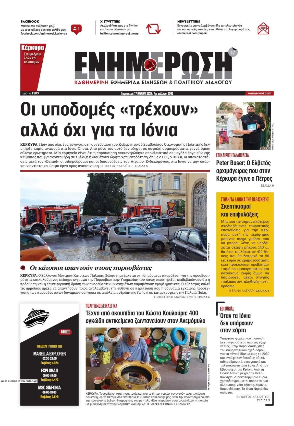 Πρωτοσέλιδο εφημερίδας Ενημέρωση Κέρκυρας