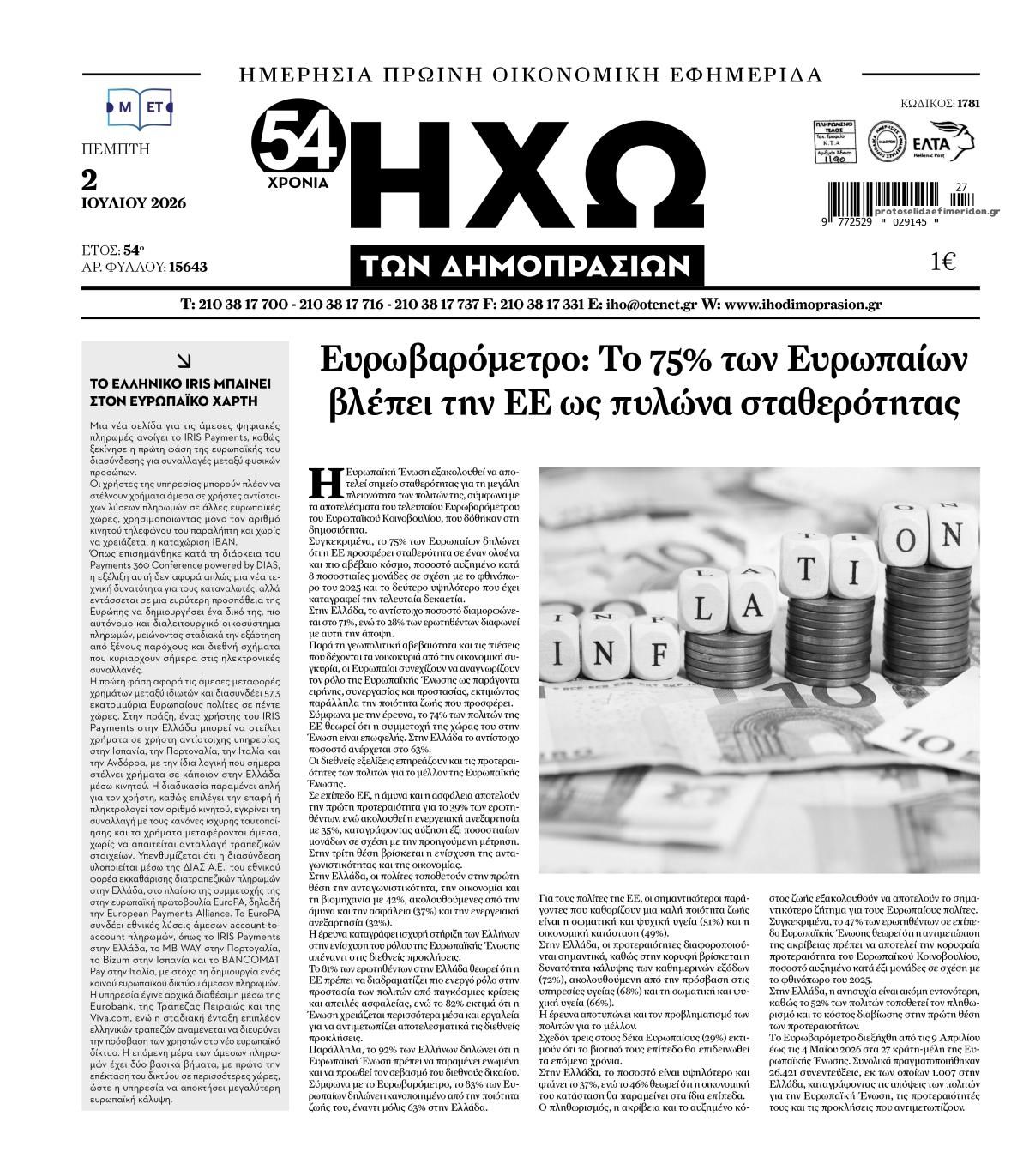 Πρωτοσέλιδο εφημερίδας Ηχώ