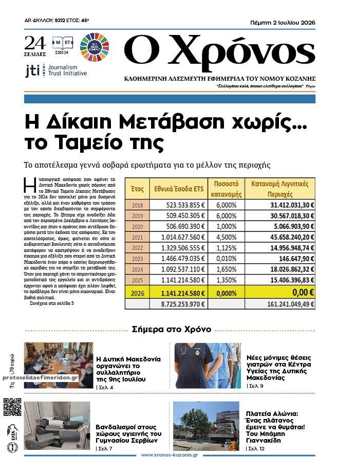 Πρωτοσέλιδο εφημερίδας Ο Χρόνος Κοζάνης