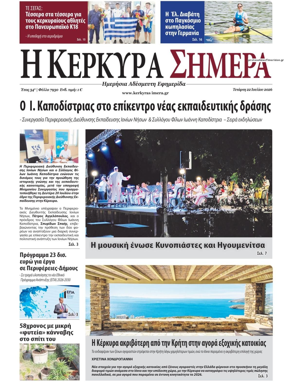 Πρωτοσέλιδο εφημερίδας Η Κέρκυρα Σήμερα