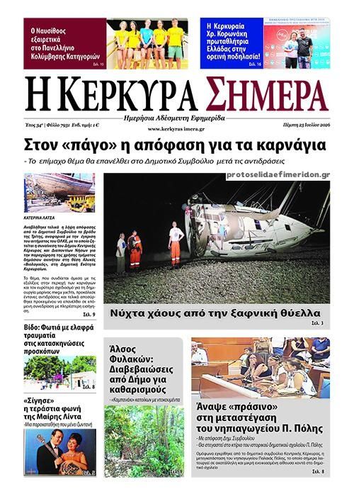 Πρωτοσέλιδο εφημερίδας Η Κέρκυρα Σήμερα