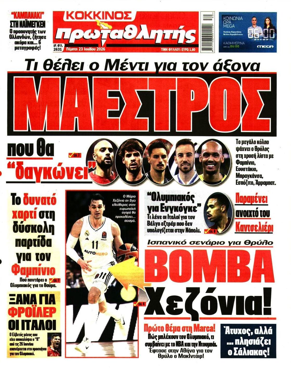 Πρωτοσέλιδο εφημερίδας Κόκκινος Πρωταθλητής