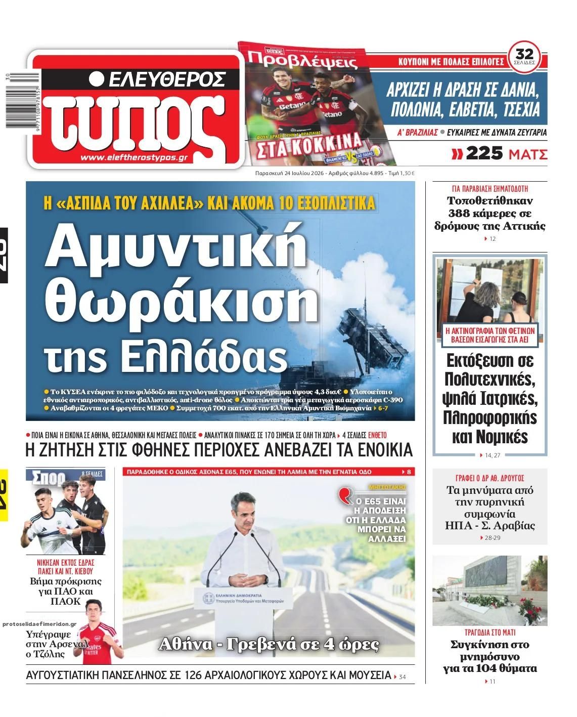Πρωτοσέλιδο εφημερίδας Ελεύθερος Τύπος