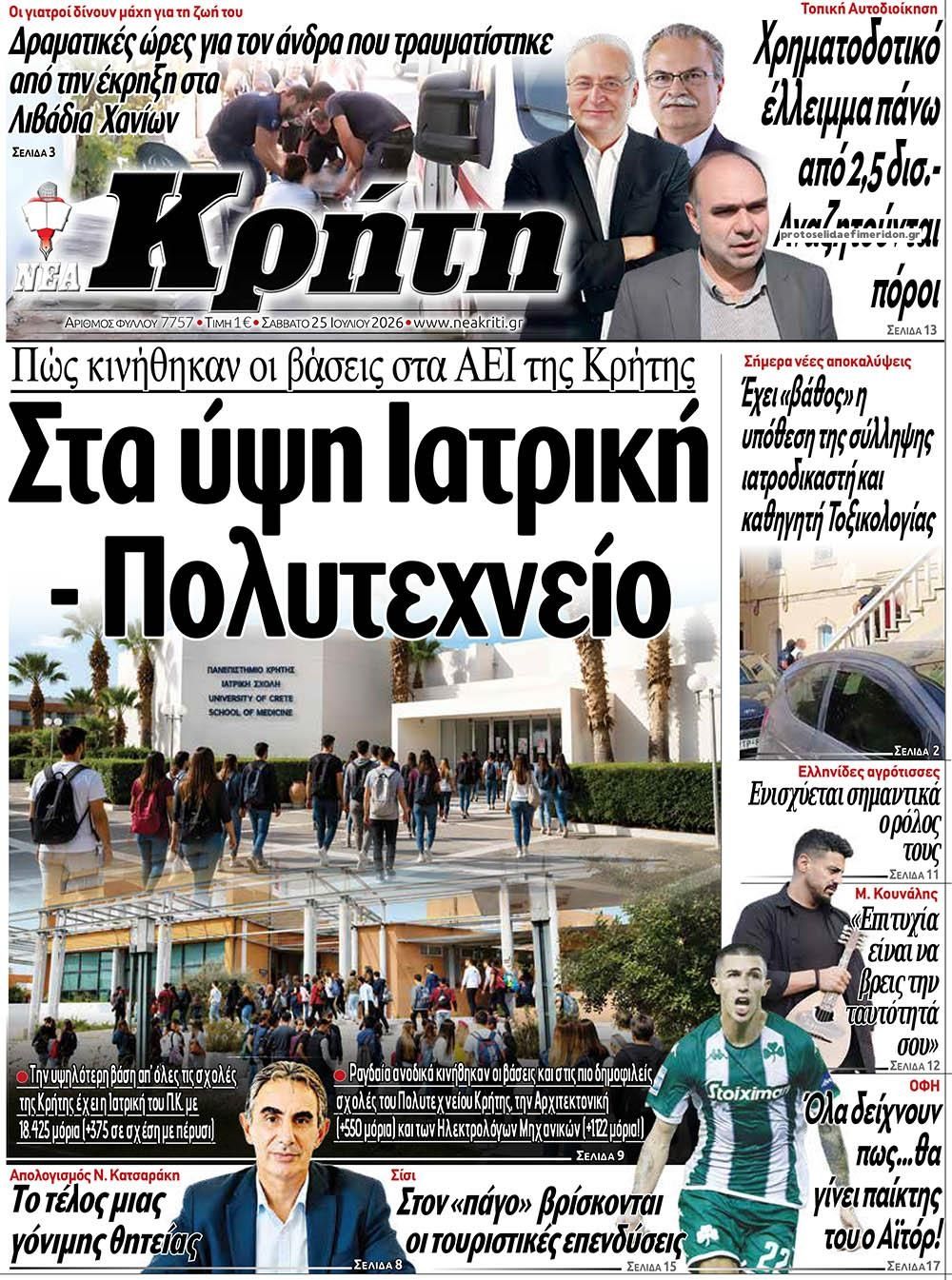 Πρωτοσέλιδο εφημερίδας Νέα Κρήτη