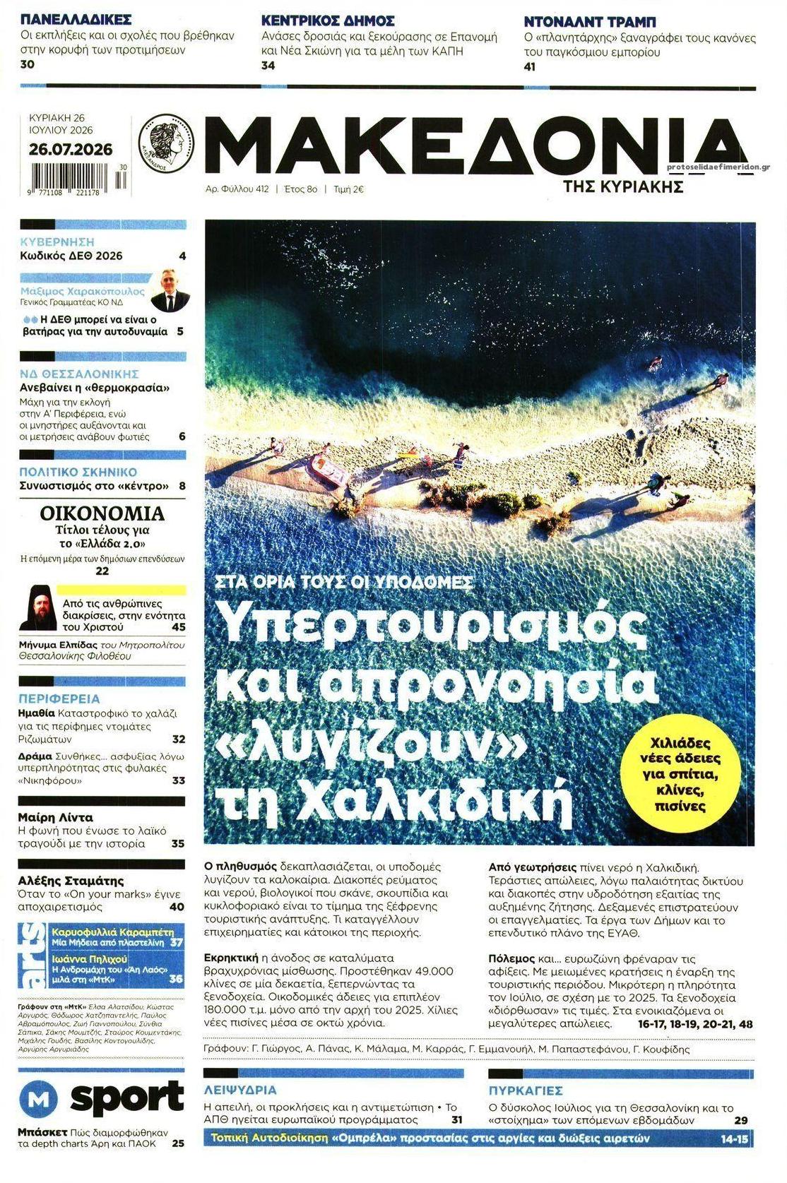 Πρωτοσέλιδο εφημερίδας Μακεδονία