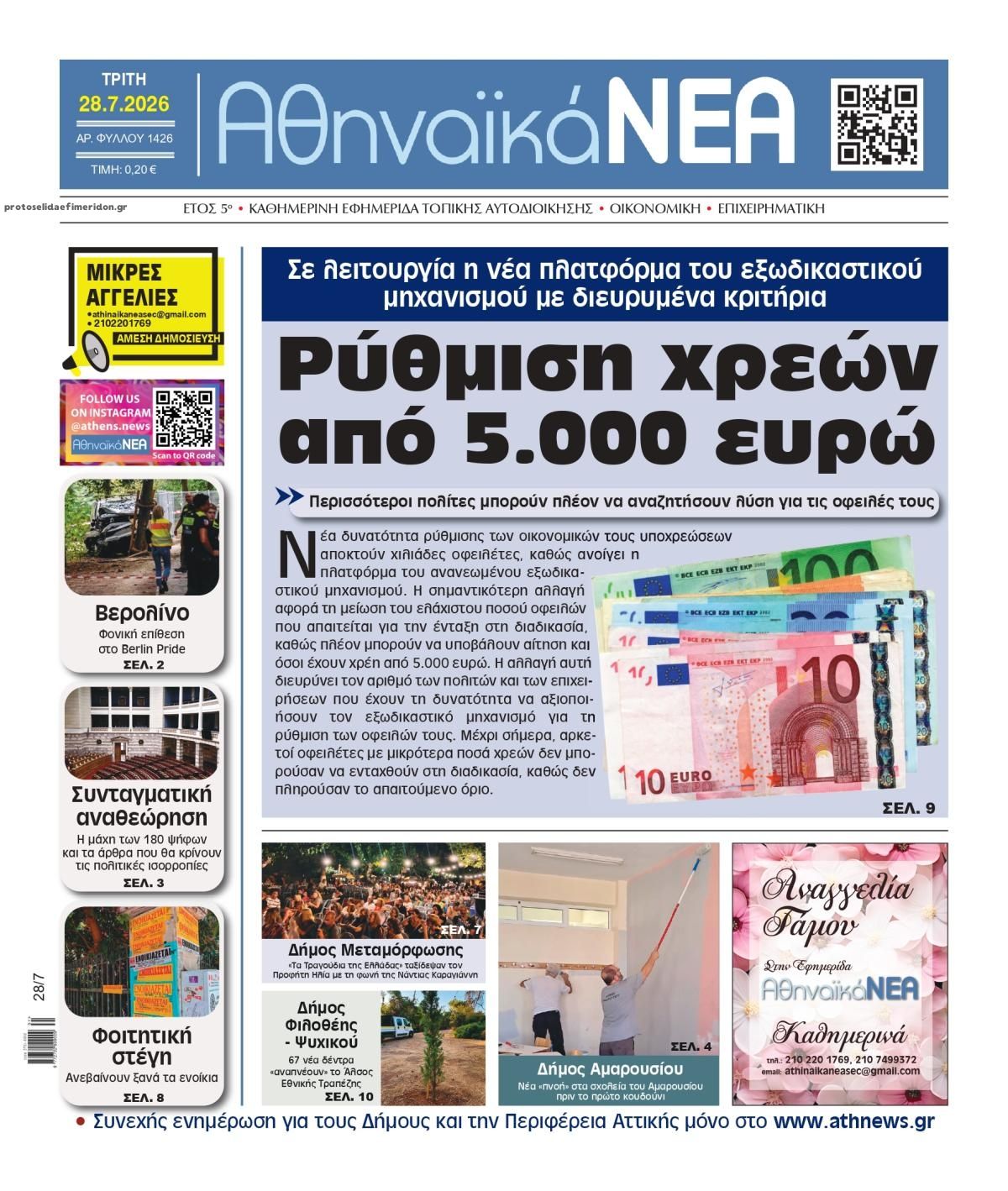 Πρωτοσέλιδο εφημερίδας Αθηναϊκά Νέα