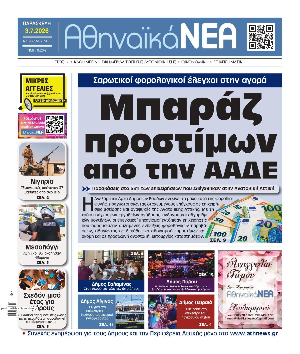 Πρωτοσέλιδο εφημερίδας Αθηναϊκά Νέα