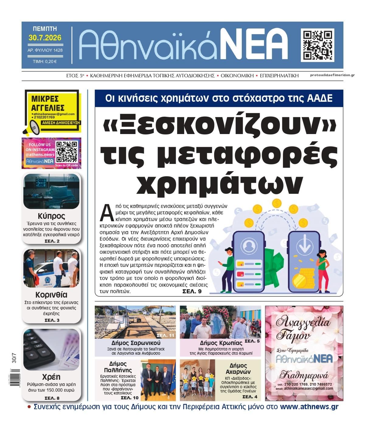 Πρωτοσέλιδο εφημερίδας Αθηναϊκά Νέα