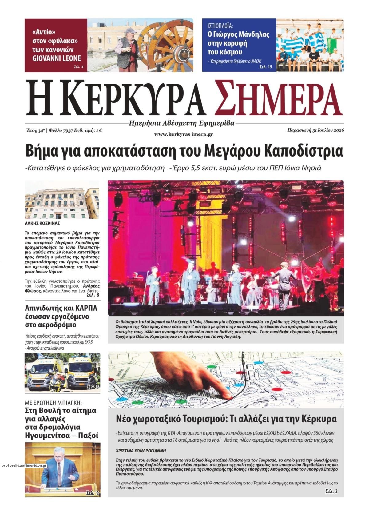 Πρωτοσέλιδο εφημερίδας Η Κέρκυρα Σήμερα